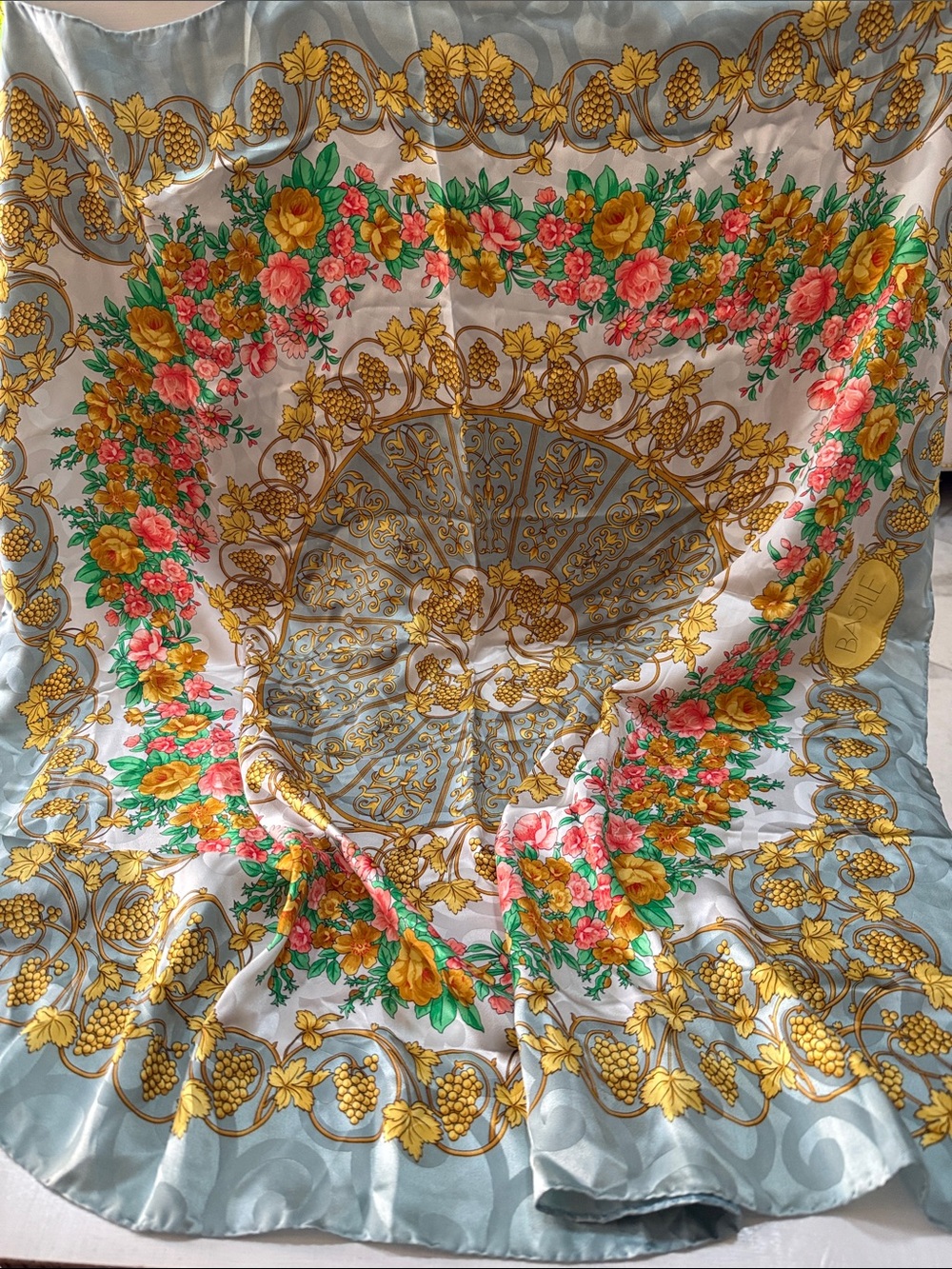 BASILE Silk Floral Garden Square Scarf in Gold, Pink Green & Blue made in Italy